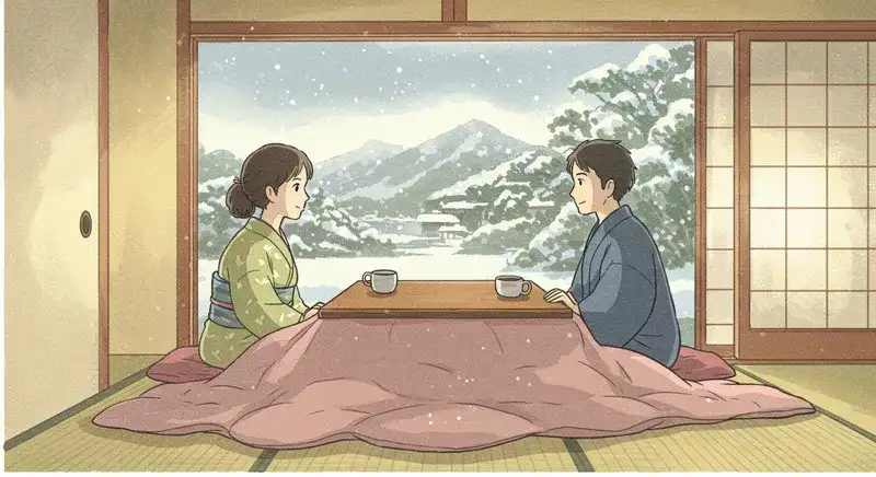 こたつで話し合う二人暮らしのカップル